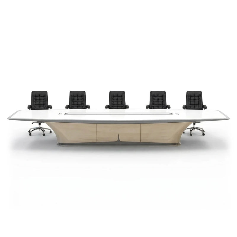 Harmony modern white conference table with a boat-shaped top and sculpted hull base, 8′ to 16′5″ (96 to 197-inch) lengths
