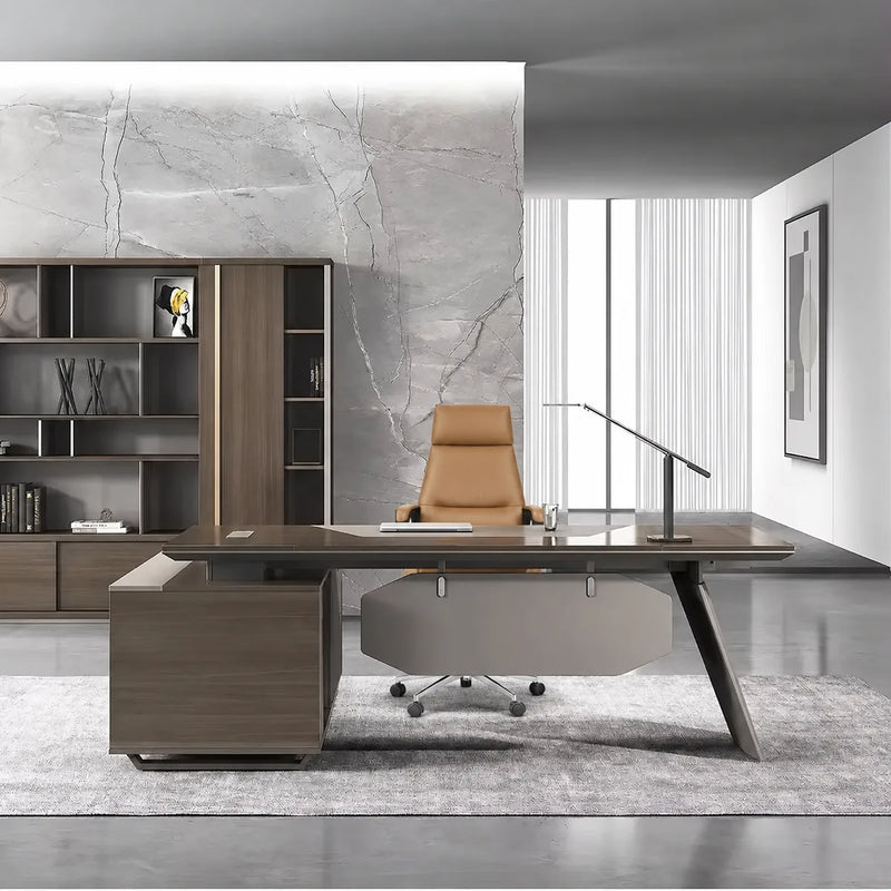 Flynn manager desk in walnut before a marble feature wall