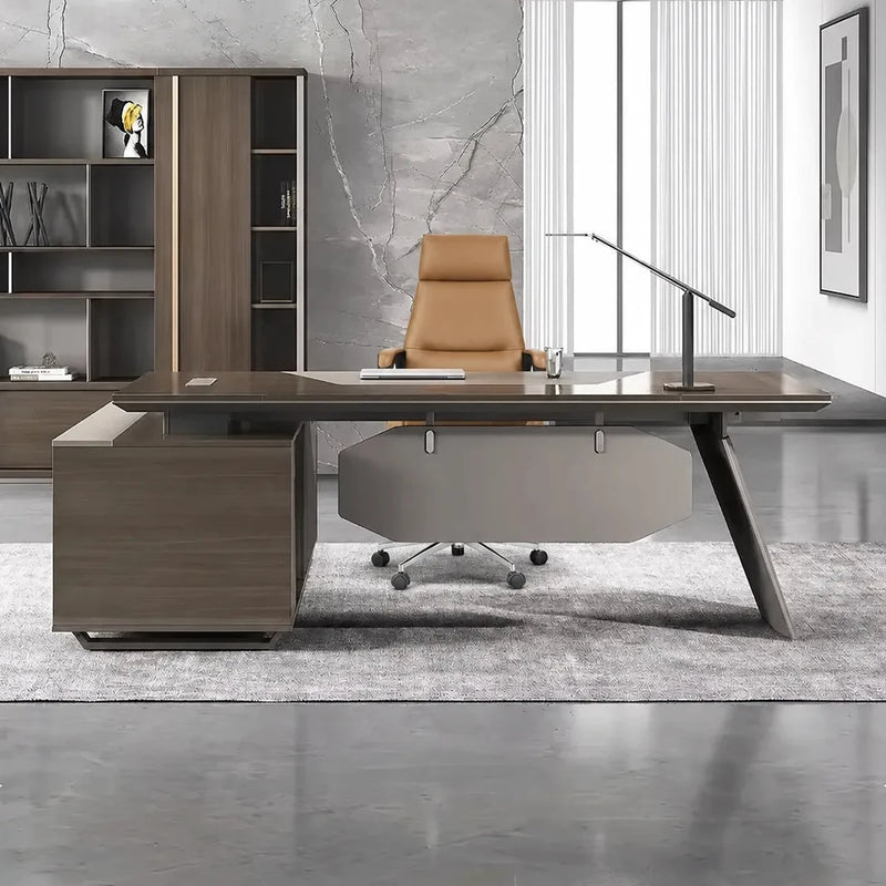 Flynn manager desk in walnut before a marble feature wall