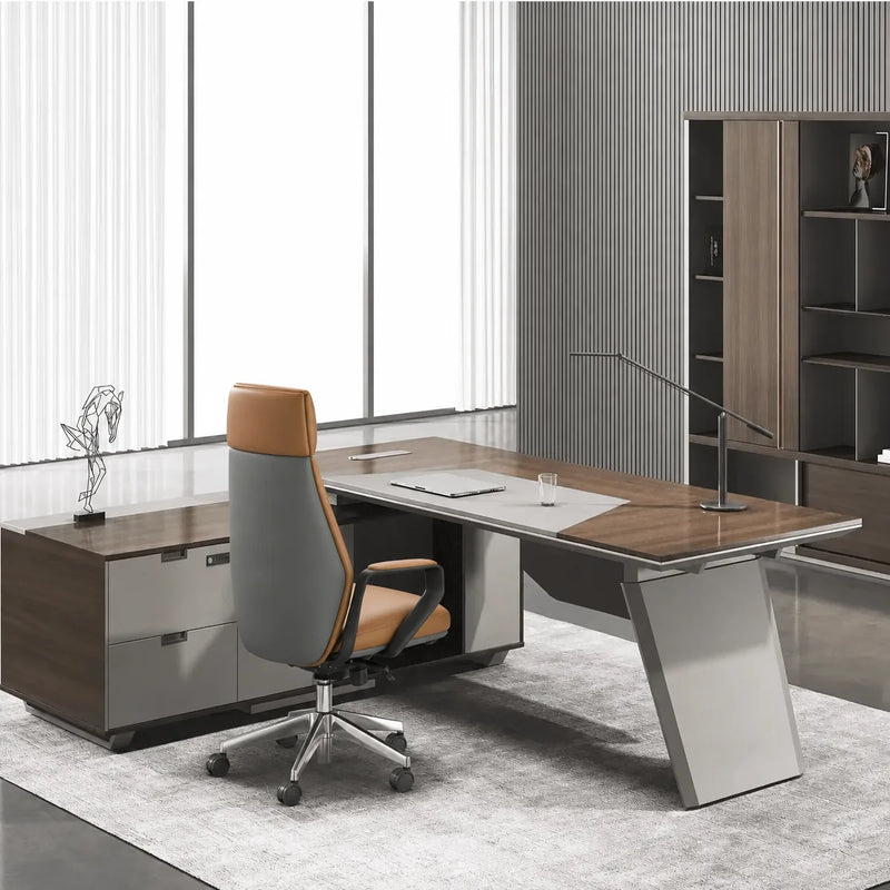 Flynn desk in bourbon walnut, left return, striped wall behind