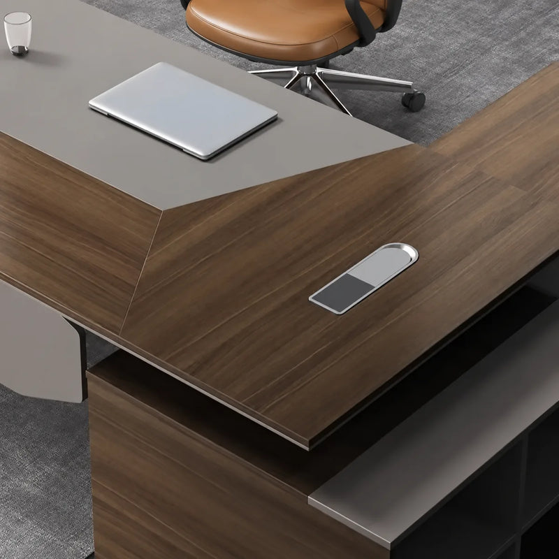 Flynn desk from above with laptop on the gray inset pad
