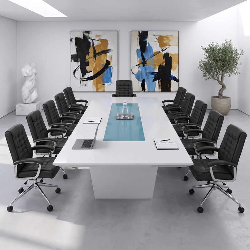 Forum white boardroom table seating 12 in blue and white chairs beneath a world map