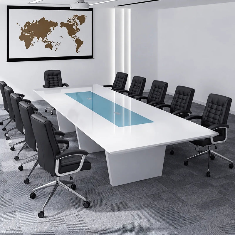 Forum grand 16′5″ (197-inch) conference table seating 16 in white high gloss with blue leather chairs