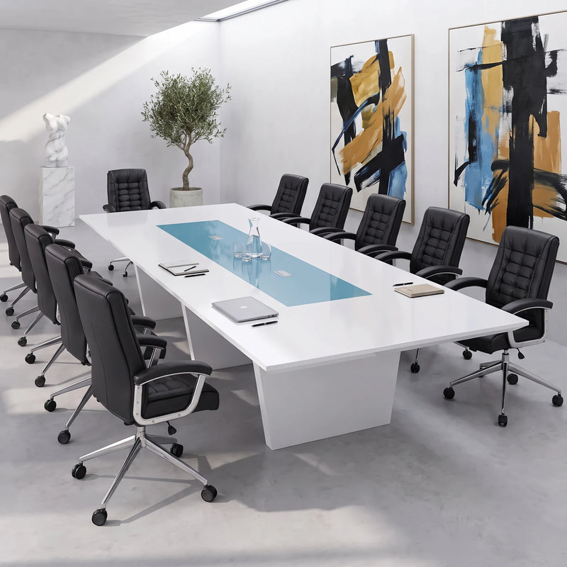 Forum grand 16′5″ (197-inch) conference table seating 16 in white high gloss with blue leather chairs