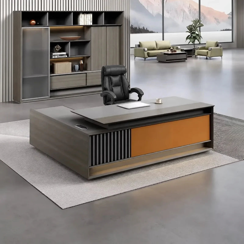 Frazer desk, right return, in a lakeside office with sage sofas