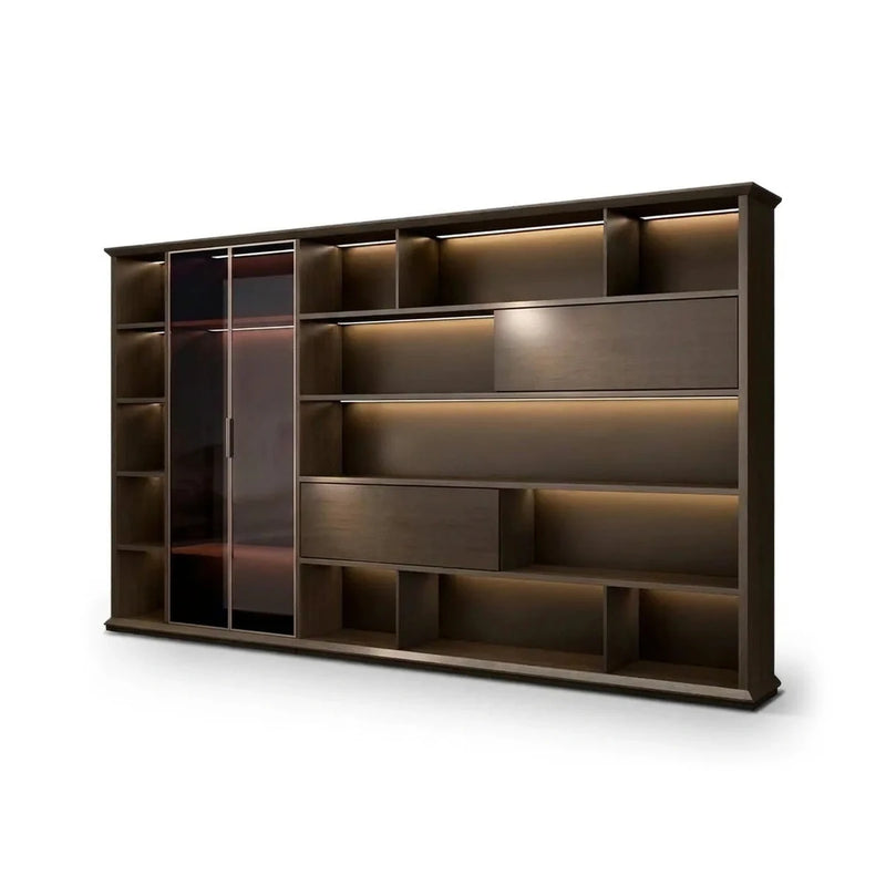 Altus 12′6″ (150-inch) office library wall unit in dark textured woodgrain, open shelves, a sliding glass door and lower drawers