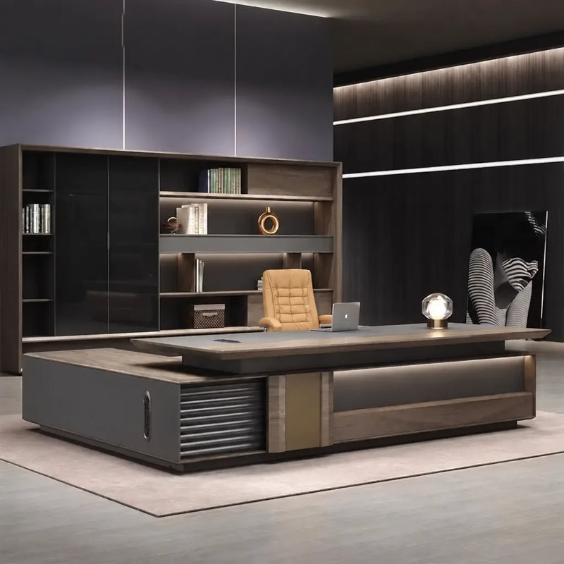 Frisco grand desk in a dark office with backlit shelving