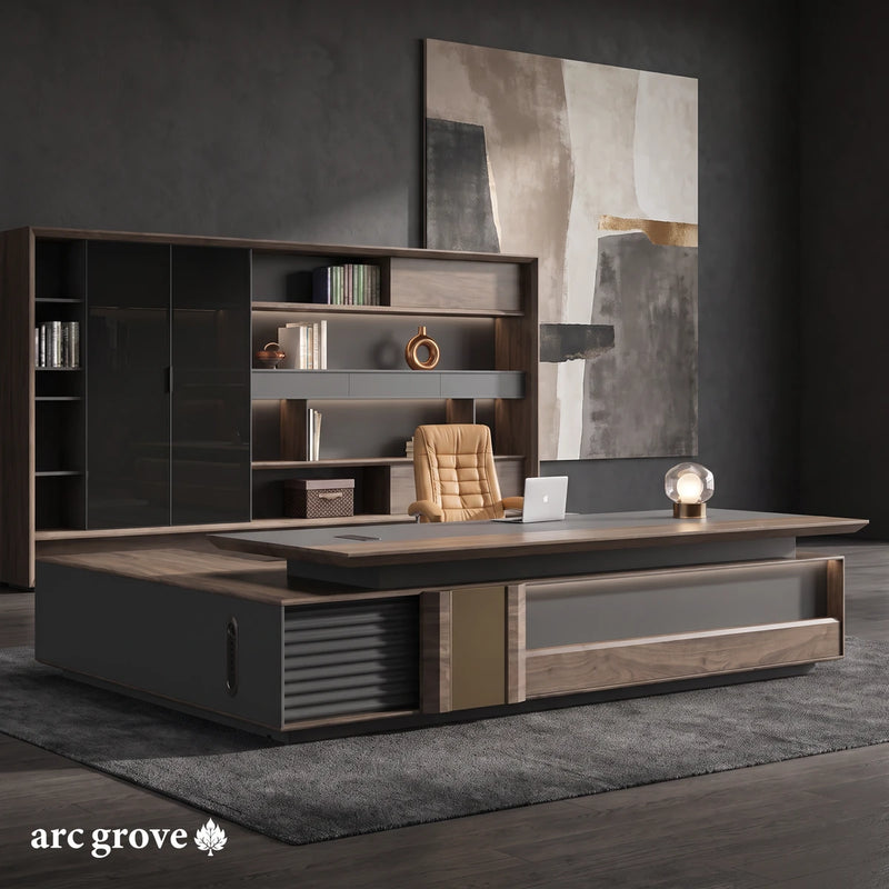 Frisco L-shaped executive desk in burl walnut and slate gray in a charcoal office with a wall unit