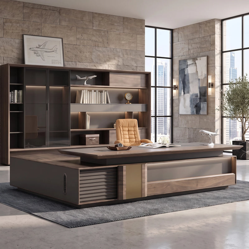 Frisco grand desk in a dark office with backlit shelving