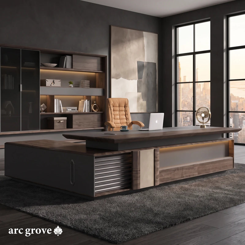 Frisco L-shaped desk with a silver louvered door and a tan leather panel