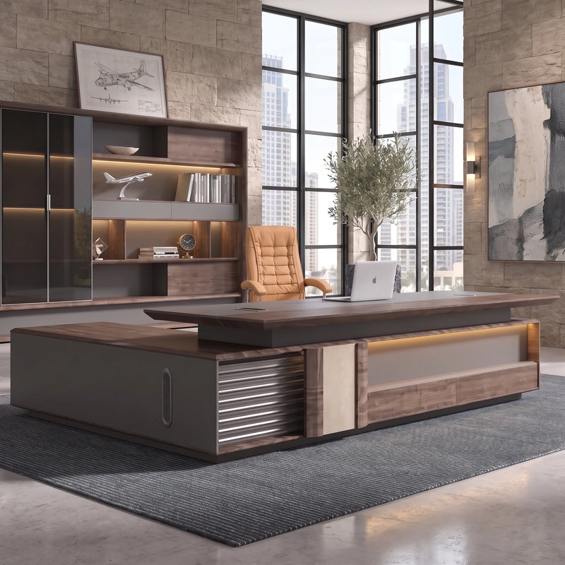Frisco desk in an arched-window office with glass cabinets