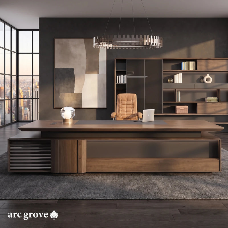 Frisco L-shaped desk in burl walnut and slate gray, seen straight on