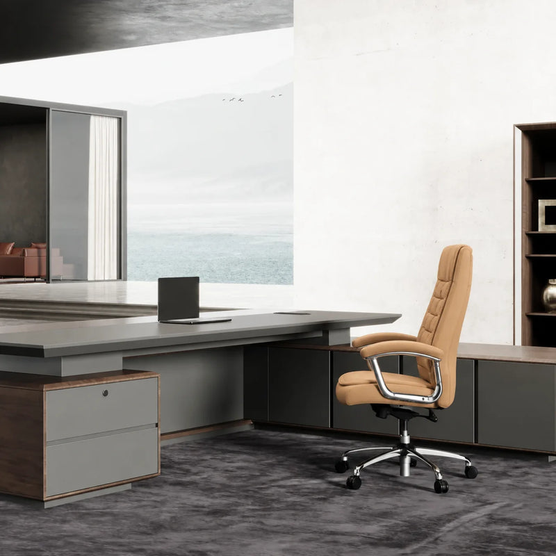 Frisco desk with white chair in a sea-view corner office
