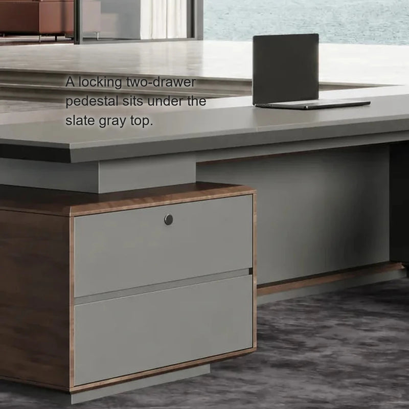 Close-up of the Frisco desk's locking two-drawer pedestal