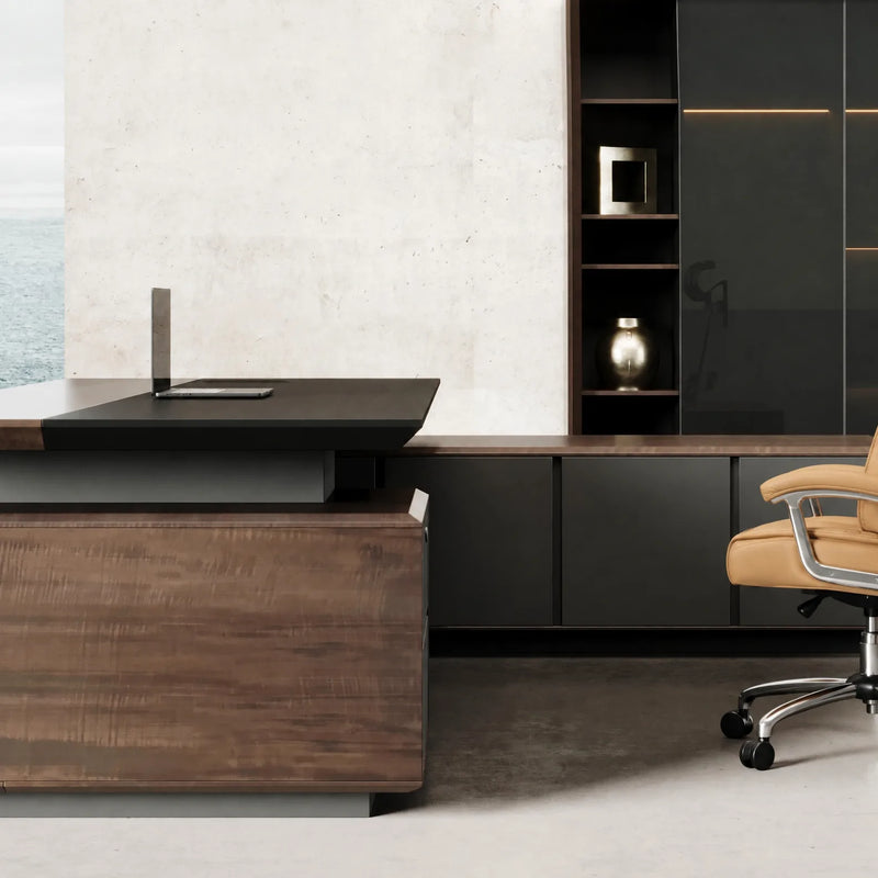 Frisco desk end panel in rich walnut by the window