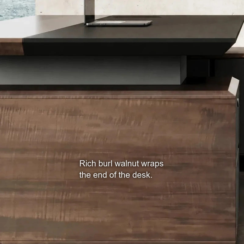 Close-up of the burl walnut end panel on the Frisco desk