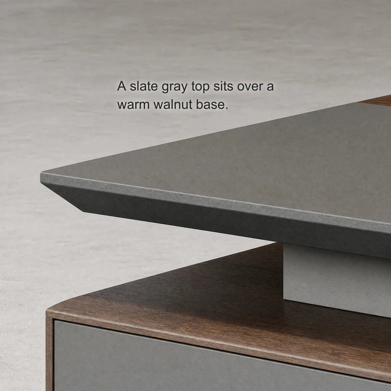 Close-up of the Frisco desk's slate gray top over a walnut base