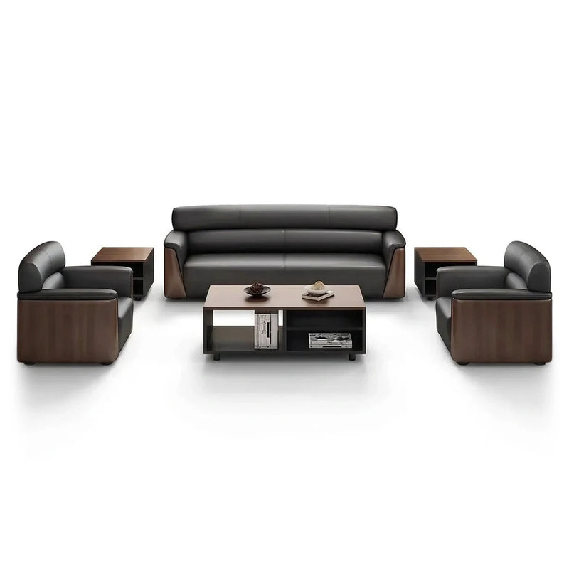 Täby executive office lounge conversation set in black upholstery with walnut-wrapped arms: 3-seater sofa and two arm chairs