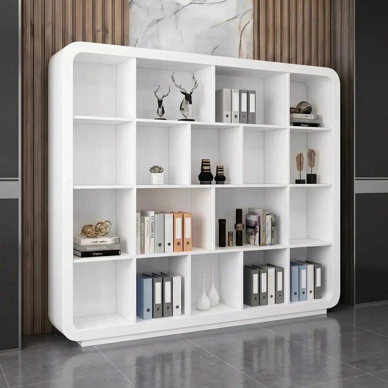 Idyll white office bookcase angled against a marble and wood-slat wall, binders and décor in the open cubbies