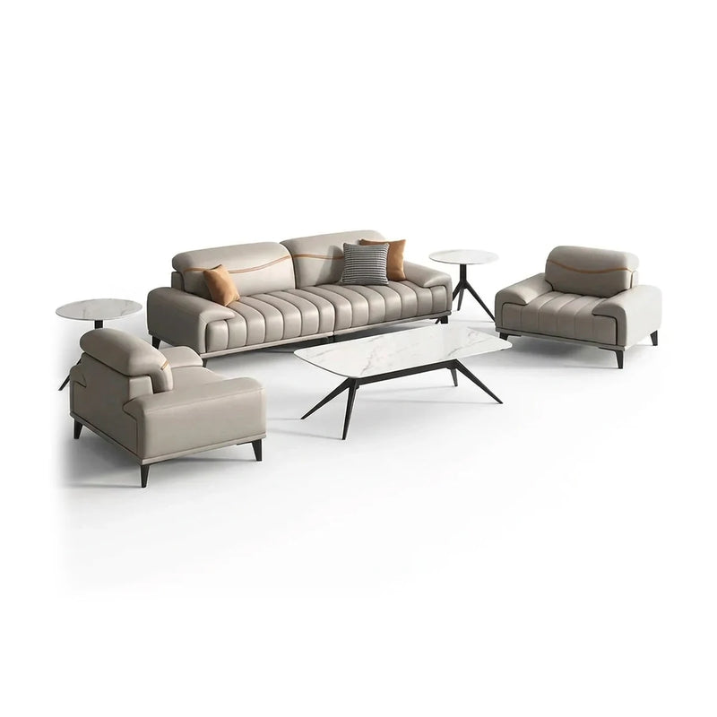 Orust modern office lounge conversation set in beige upholstery with channel-tufted seats: 3-seater sofa and two arm chairs