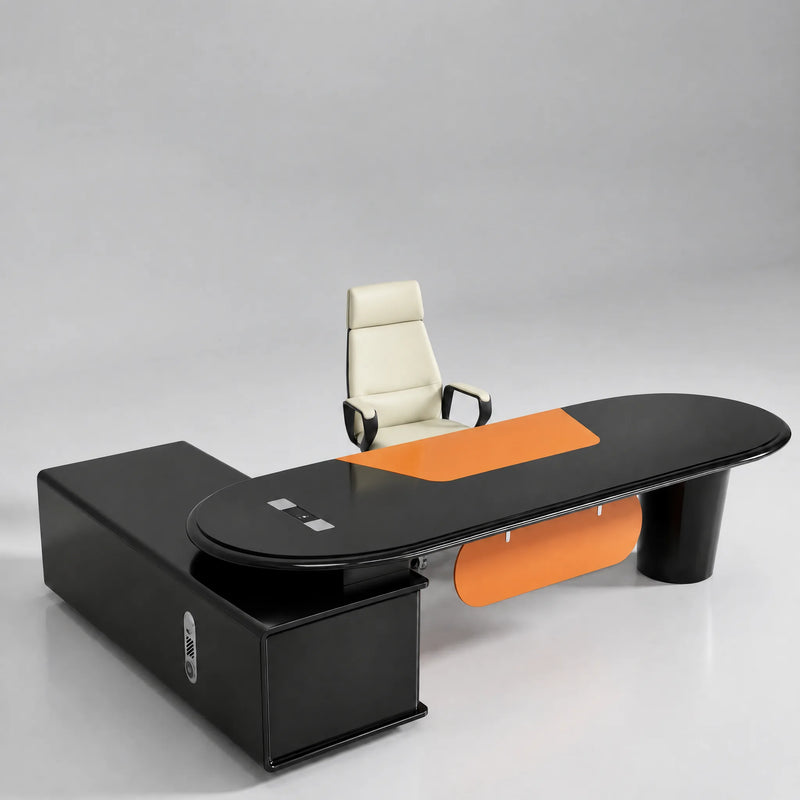 Gauss desk in glossy black with orange inlay, right return