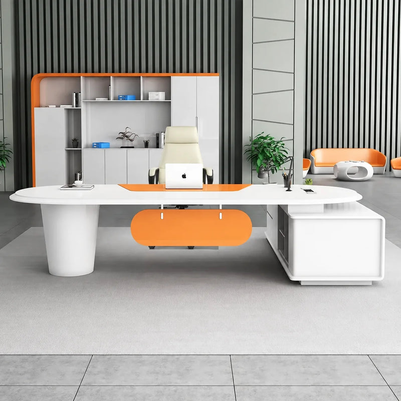 Gauss grand desk centered in a striped-wall office