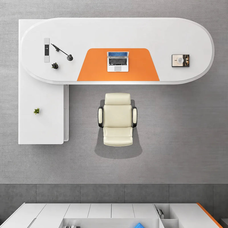 Gauss desk from directly above with orange chair