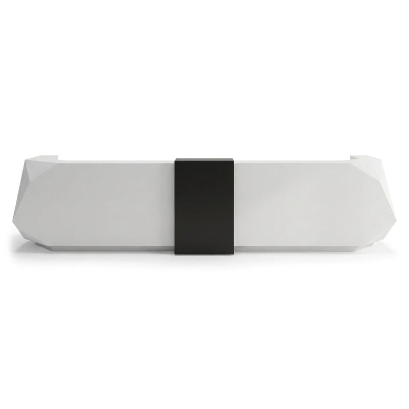 Revera reception desk with faceted front and dark counter bridge, studio view