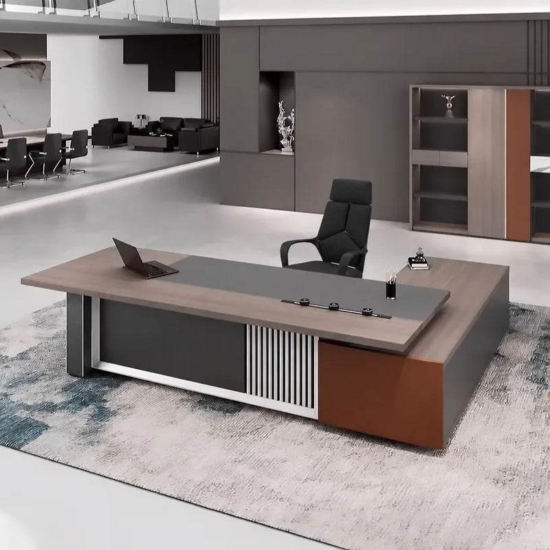 Gidley desk in weathered gray oak, left return, mirror wall behind