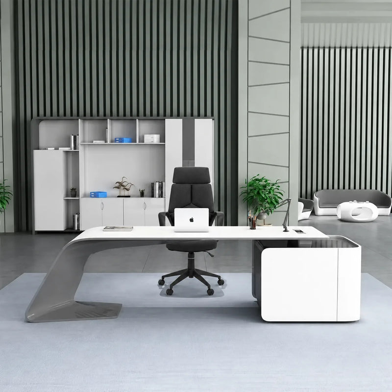 Gödel desk in white gloss in a green slat-walled office