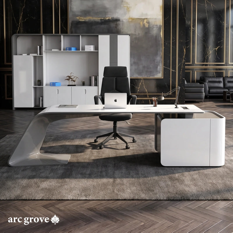 Godel glossy white executive desk with a gray curved leg in a black marble office with brass trim