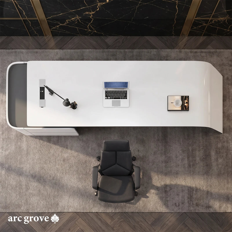 Godel white desk seen from above on a warm gray rug