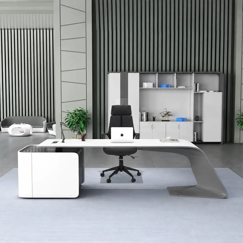 Gödel manager desk in white with silver sweep base and orange chair