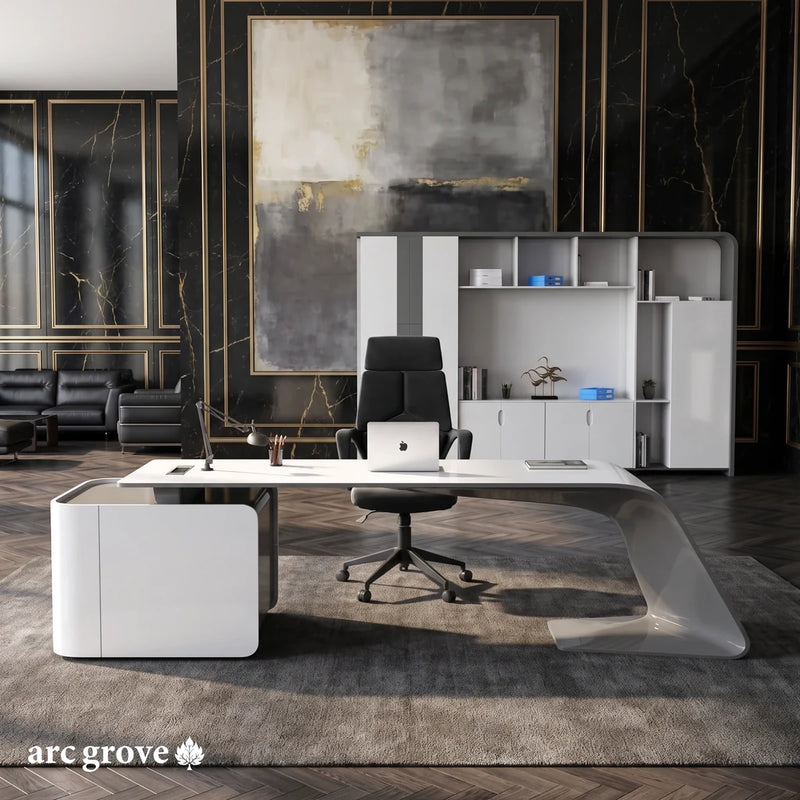 Godel white executive desk, mirrored layout, in a black marble office with brass trim
