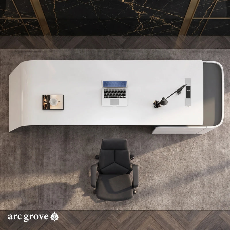 Godel white desk seen from above, mirrored layout, on a warm gray rug