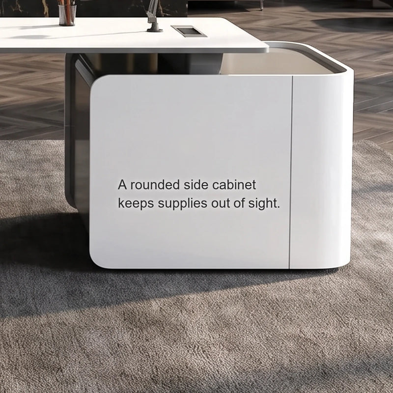 Close-up of the Godel desk's rounded white side cabinet