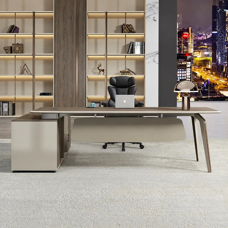 Grafton desk, right return, in a home office with city view