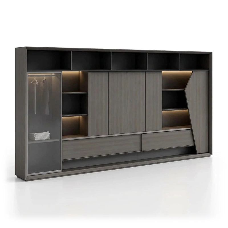 Ravenshaw office wall unit in slate gray, angled view, smoked glass wardrobe door, open shelves, angled panel and drawers