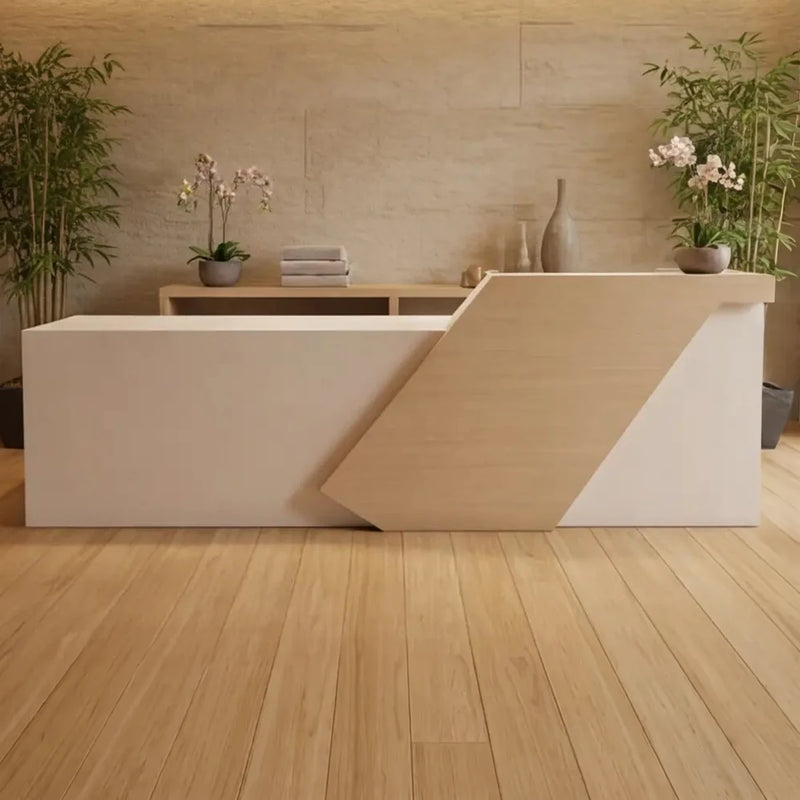 Emvere spa front desk, left configuration, with orchids and bamboo