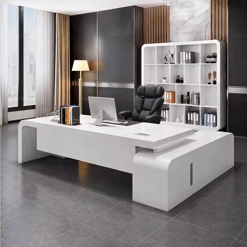 Halcyon desk with monitor in a gold-and-gray corner office