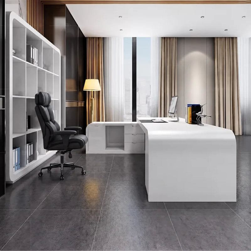 Halcyon desk with compact return cabinet by the window