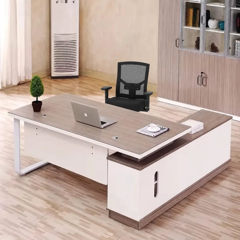 Halley L-shaped desk with laptop and tea set in a bright office