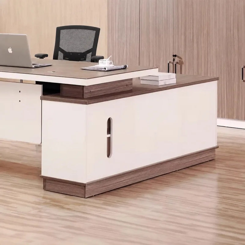 Halley desk corner with white pedestal and laptop