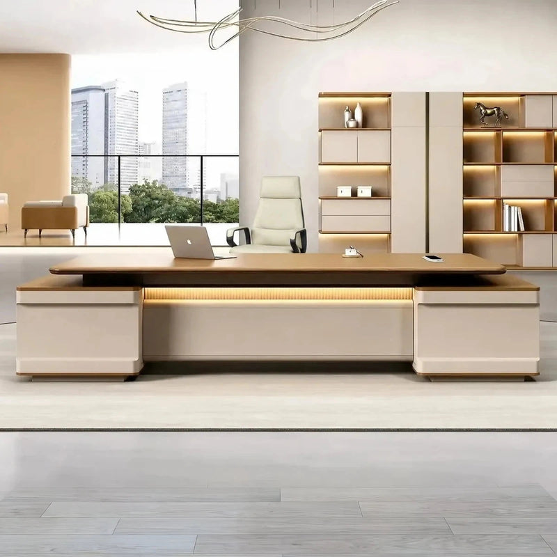 Halsey L-shaped desk in cream and oak in a bright office with city windows