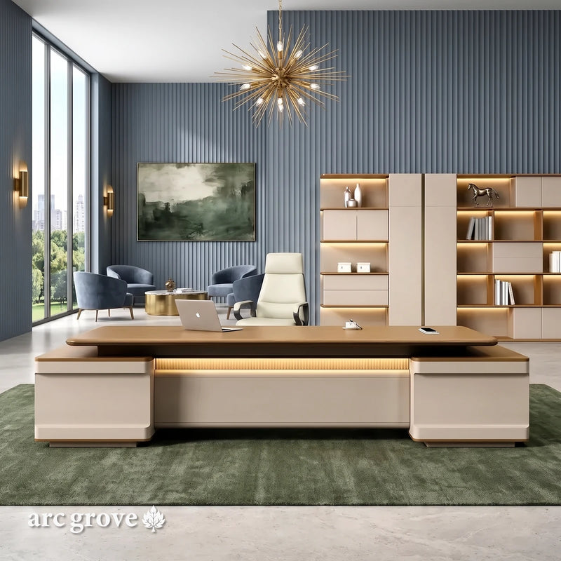 Halsey · Modern L-Shaped Executive Desk, in an office with smoky blue fluted plaster walls