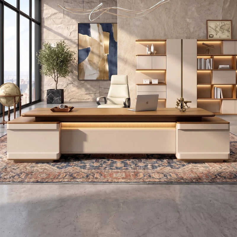 Halsey desk in a sunlit stone tower office with a city view