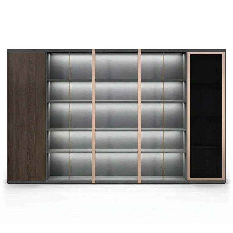 Keats 10′6″ (126-inch) office library shelves, lit white open tiers between a walnut cabinet and a smoked glass cabinet