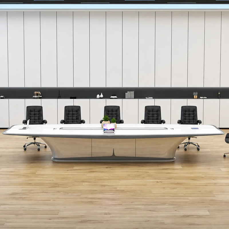 Harmony white boardroom table with black leather chairs in a white-paneled room on a wood floor