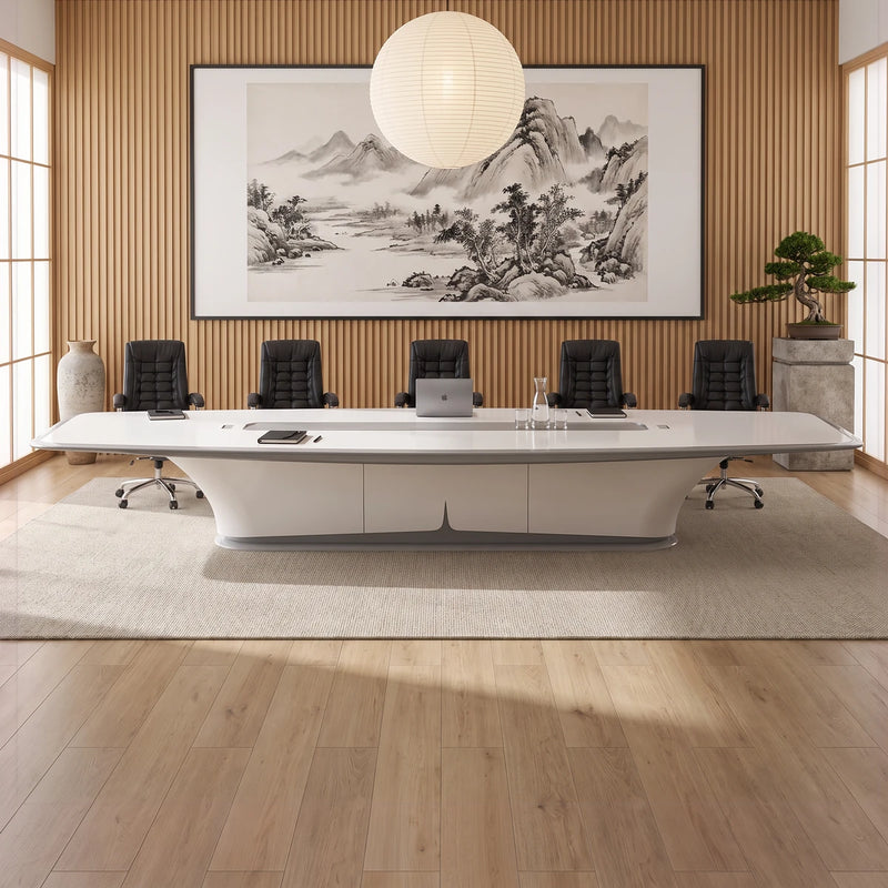 Harmony white boardroom table with black leather chairs in a white-paneled room on a wood floor