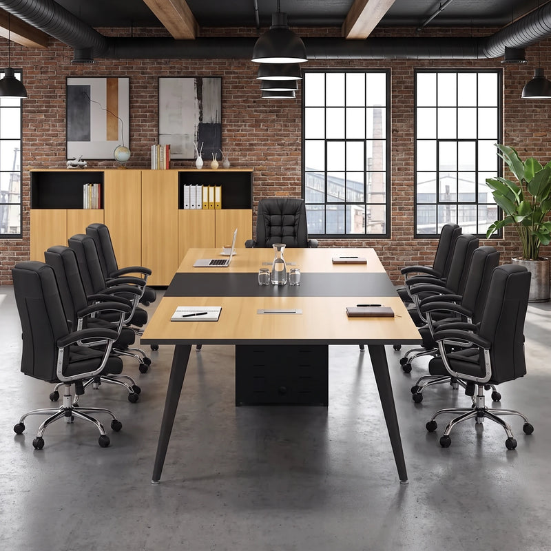 Harvard professional meeting table seating 10 in black mesh chairs, elm top with black center